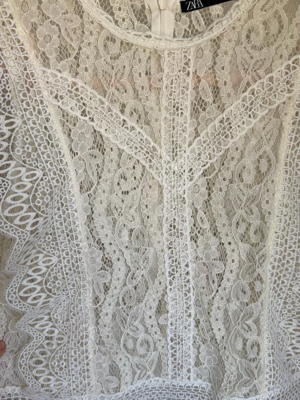 Zara Romantic Lace Top Ivory Crochet Trim Sheer Blouse Size M